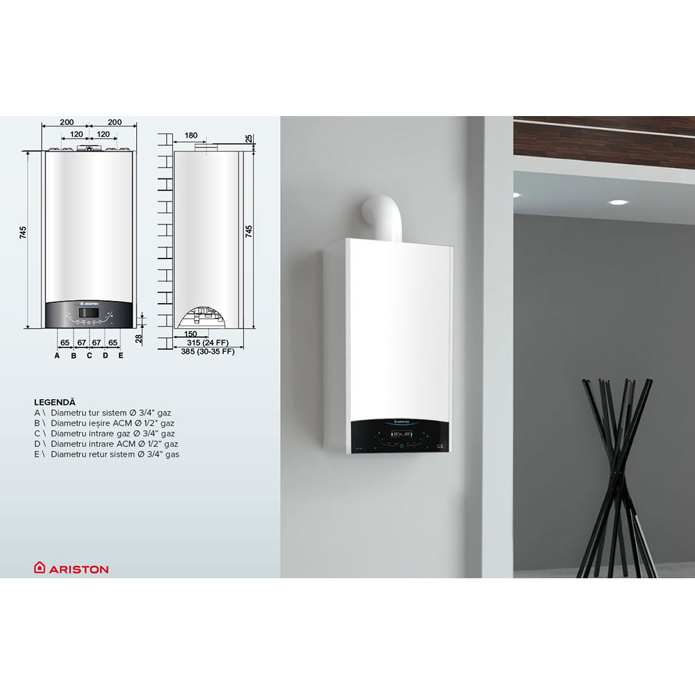 Centrala termica pe gaz in condensare ARISTON Genus One Plus, 24 kW, WiFi, Schimbator de caldura inox, Kit evacuare inclus, 5 ani extragarantie