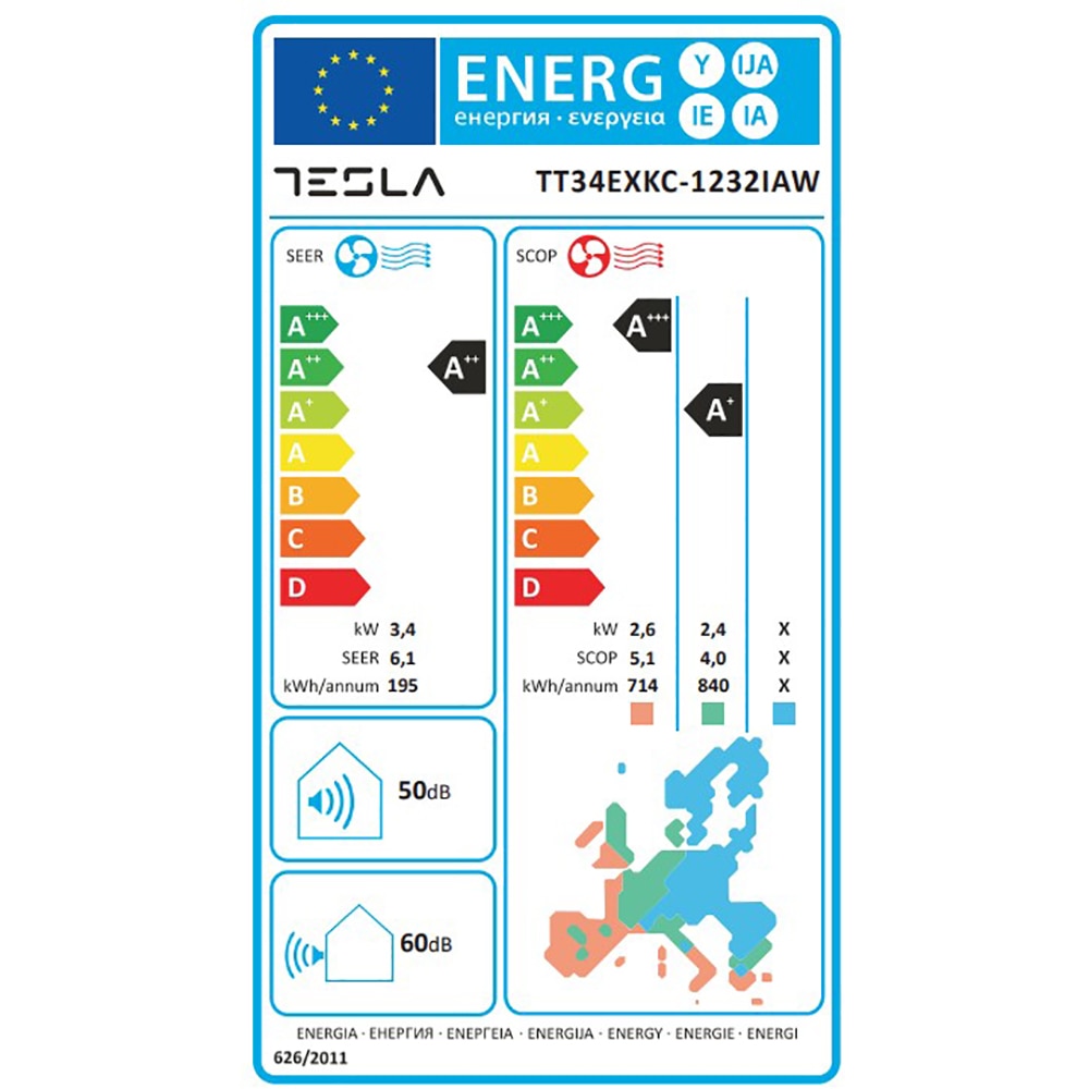 Aer conditionat TESLA TT34EXKC, 12000 BTU, A++/A+, Functie Incalzire, Inverter, Wi-Fi, alb
