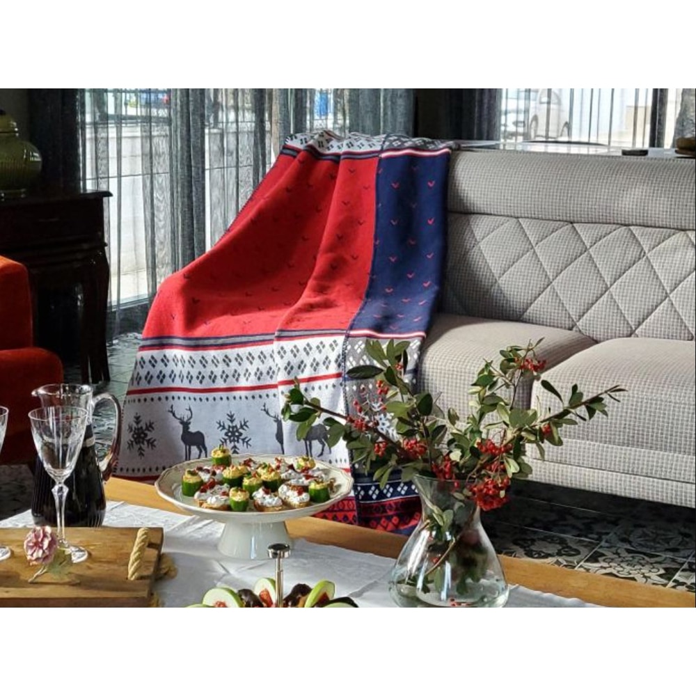 Patura MILA HOME, Xmas1, 150 x 200 cm, bumbac + acril + poliester, bleumarin-rosu