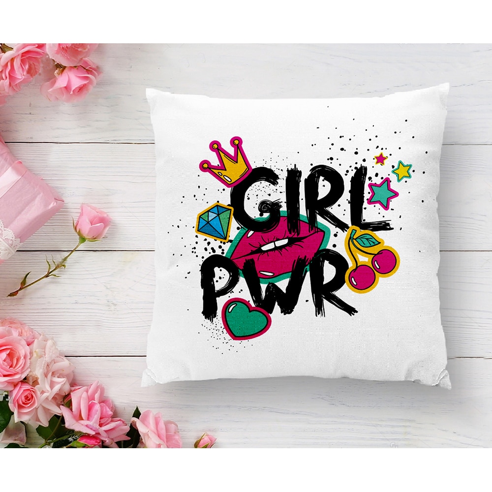 Fata perna decorativa Girl Power, 30% bumbac + 70% poliester, 43 x 43 cm, multicolor