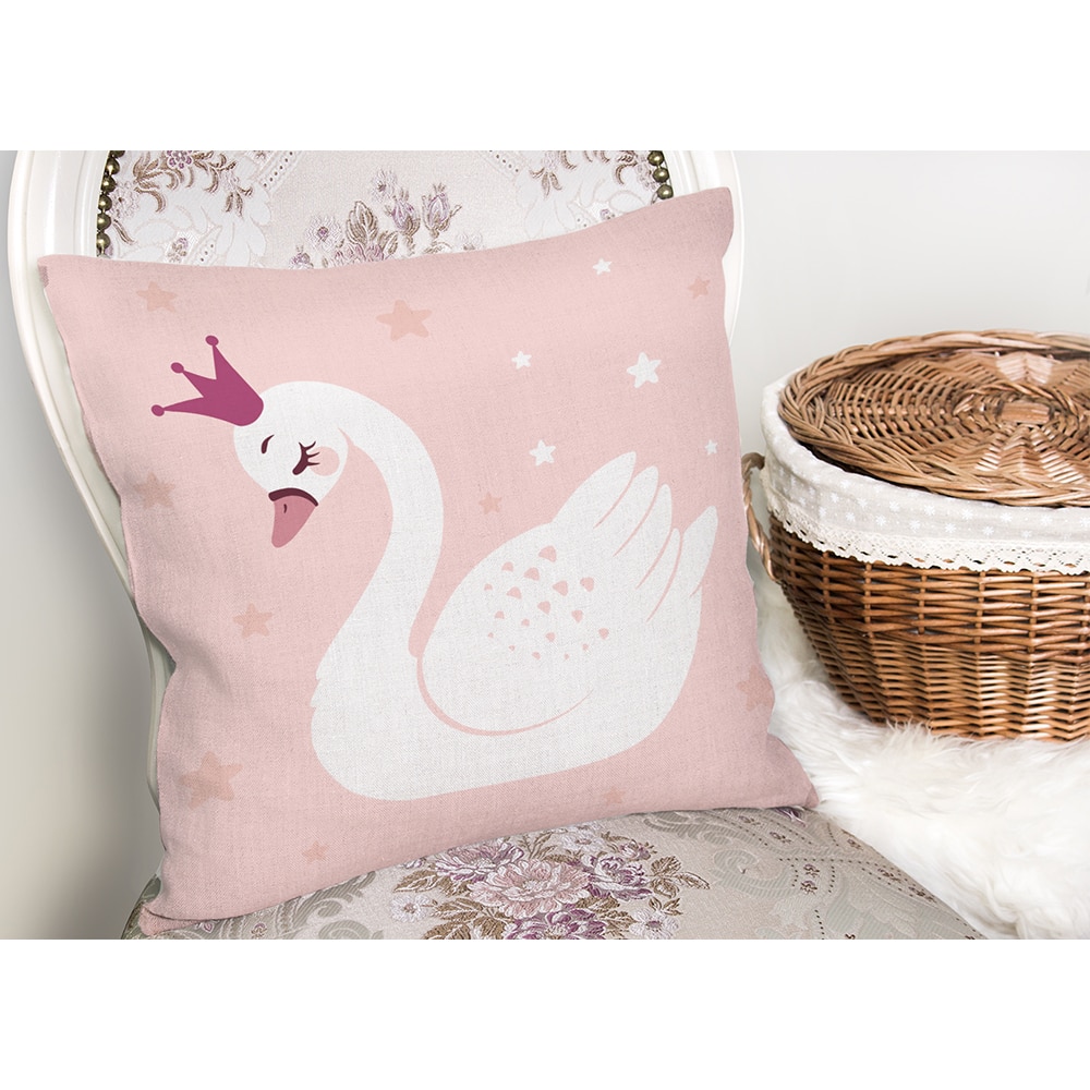 Fata perna decorativa Swan, 30% bumbac + 70% poliester, 43 x 43 cm, alb-roz