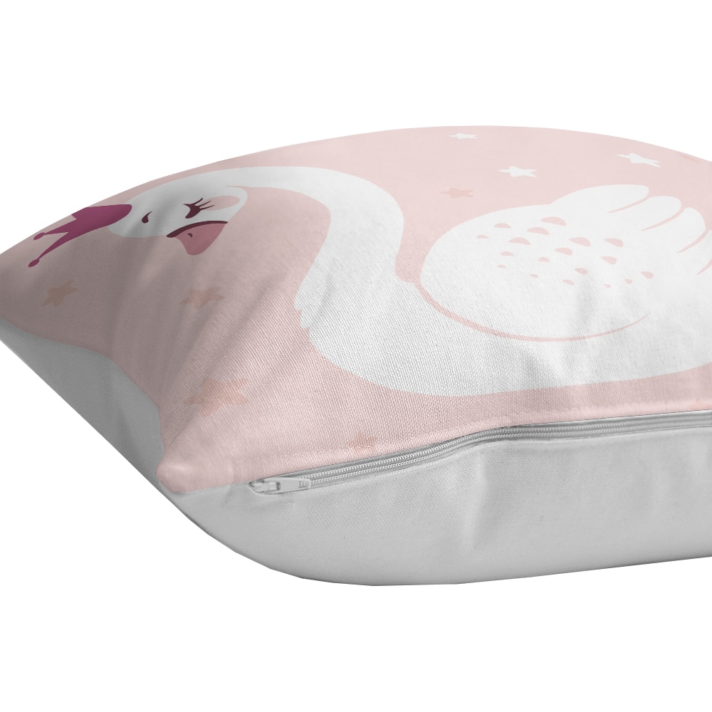 Fata perna decorativa Swan, 30% bumbac + 70% poliester, 43 x 43 cm, alb-roz