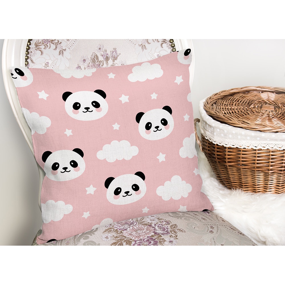 Fata perna decorativa Panda, 30% bumbac + 70% poliester, 43 x 43 cm, alb-roz