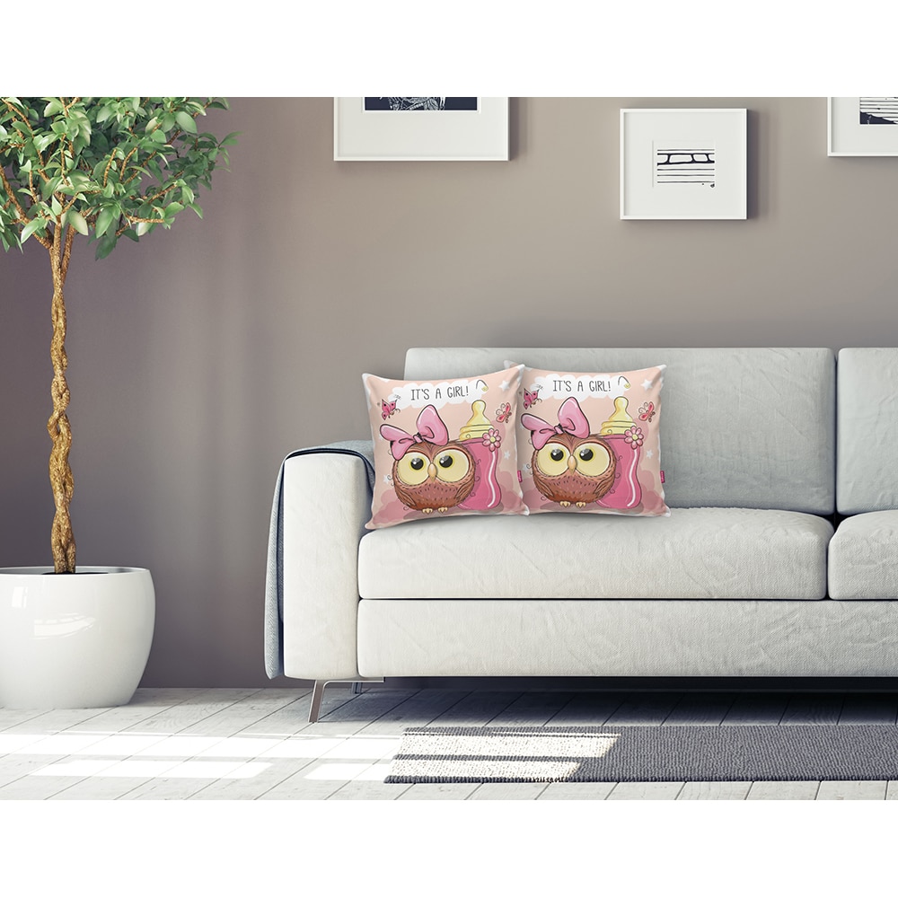 Fata perna decorativa Owl, 30% bumbac + 70% poliester, 43 x 43 cm, roz
