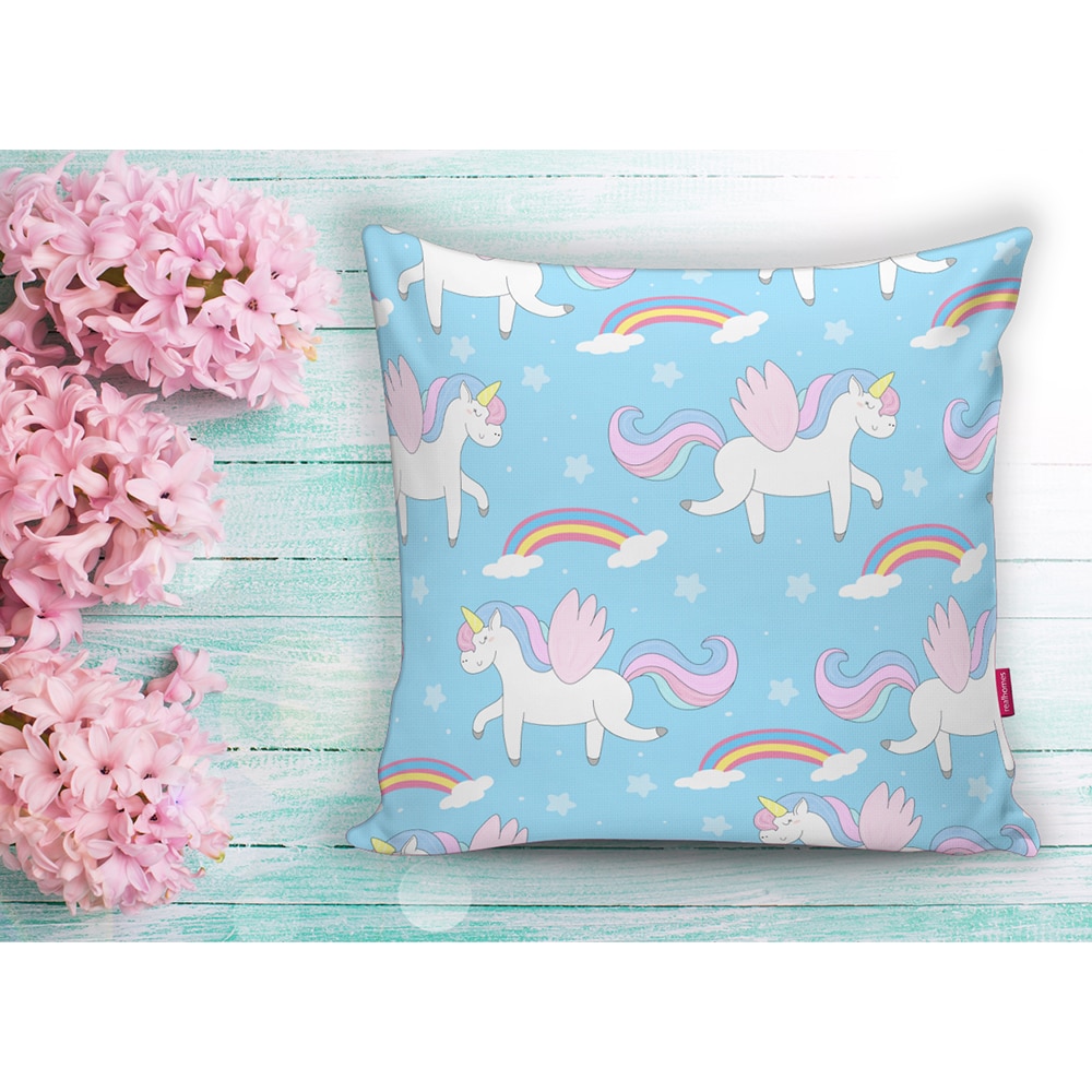 Fata perna decorativa Unicorn Rainbows, 30% bumbac + 70% poliester, 43 x 43 cm, albastru