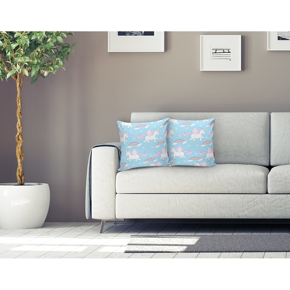Fata perna decorativa Unicorn Rainbows, 30% bumbac + 70% poliester, 43 x 43 cm, albastru