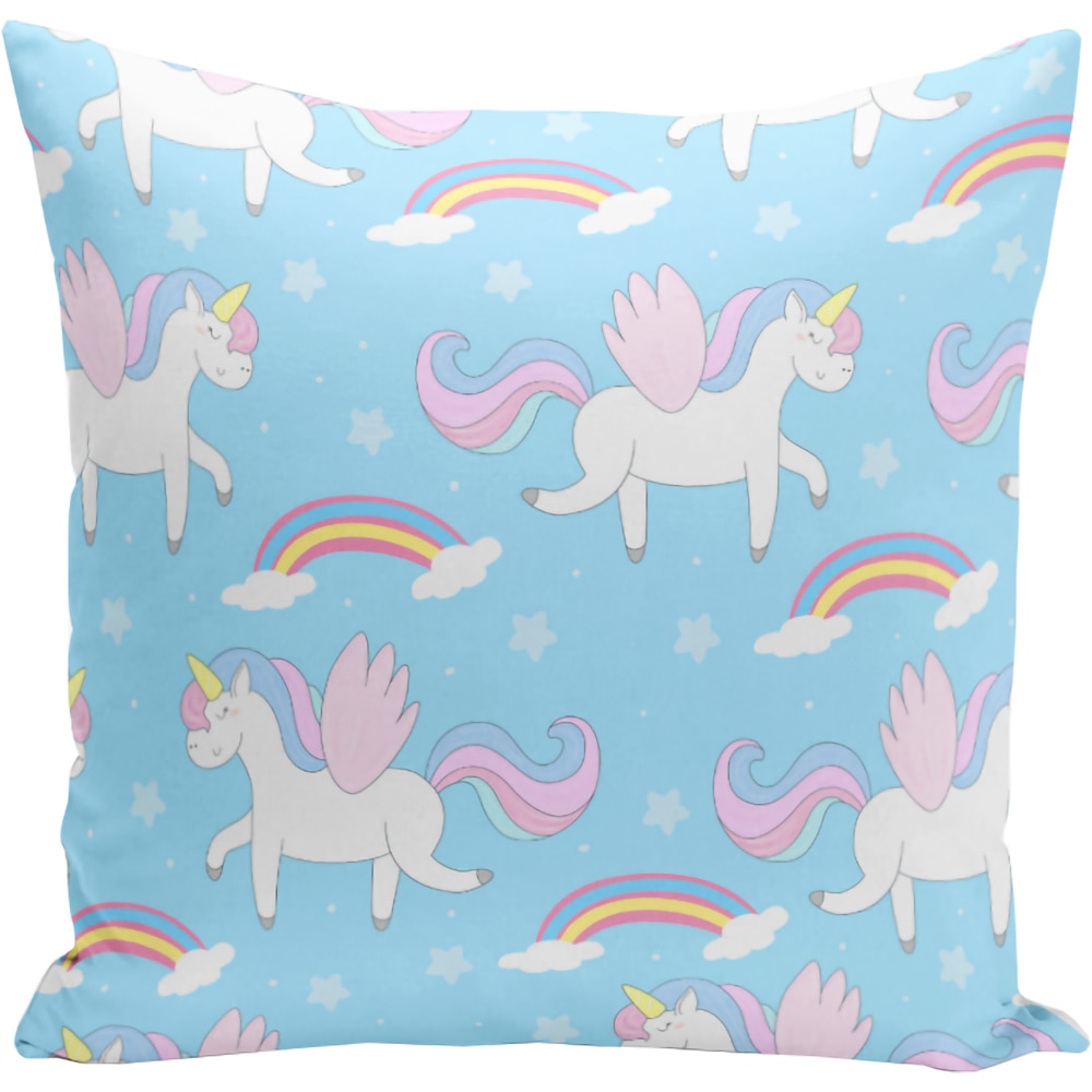 Fata perna decorativa Unicorn Rainbows, 30% bumbac + 70% poliester, 43 x 43 cm, albastru