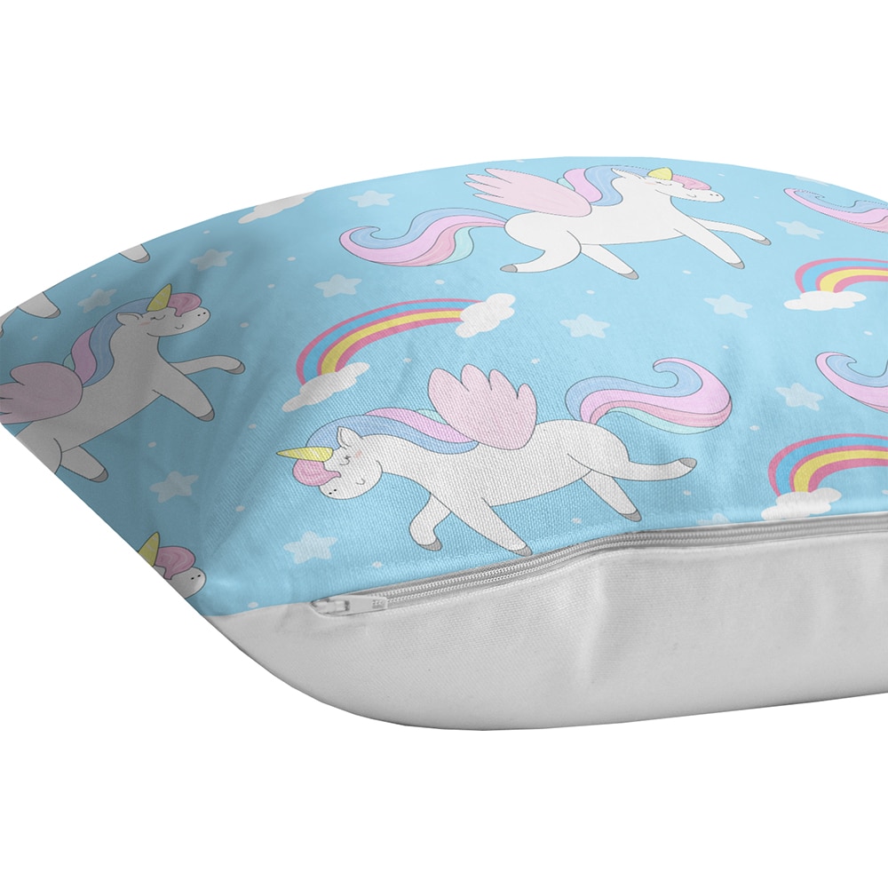 Fata perna decorativa Unicorn Rainbows, 30% bumbac + 70% poliester, 43 x 43 cm, albastru