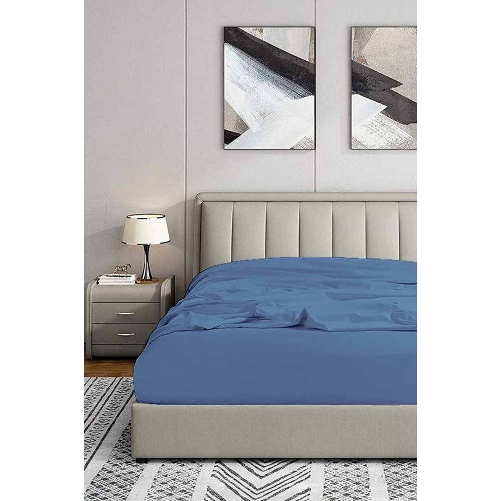 Cearsaf cu elastic pat MILA HOME, 100% bumbac ranforce, 180 x 200 cm, albastru inchis