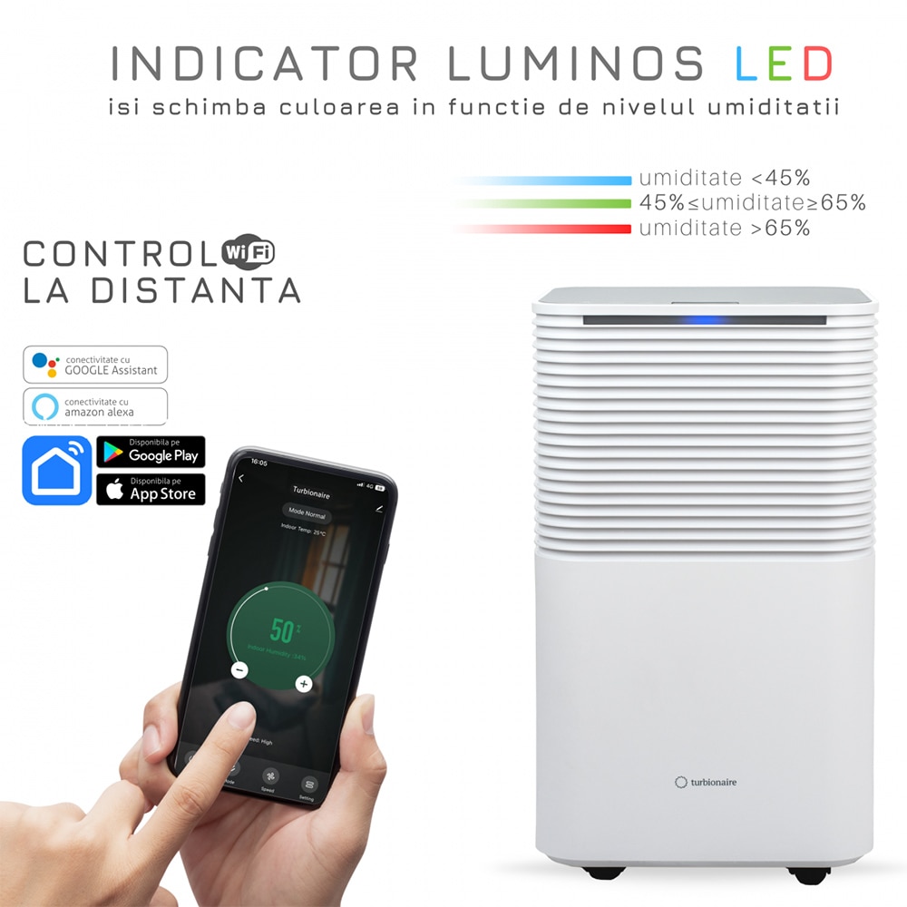 Dezumidificator aer Turbionaire EPI 12 WIFI, 12 l/zi, 200W, 120 m/h, timer, alb
