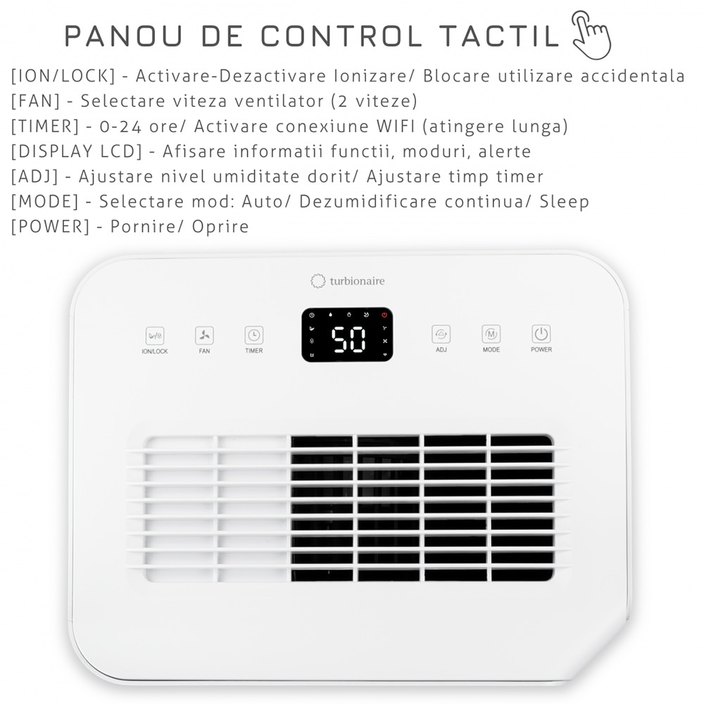 Dezumidificator aer Turbionaire REVI 20 WIFI ION, 20l/zi, 330W, Wi-Fi, 41dB, purificare prin ionizare, alb