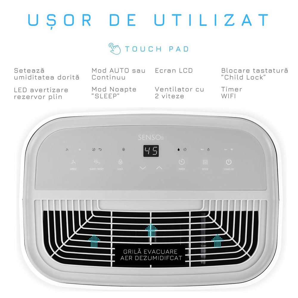 Dezumidificator aer Turbionaire SENSO 25, 25l/zi, 250W, Wi-Fi, 45dB, 180 m/h, Timer, alb