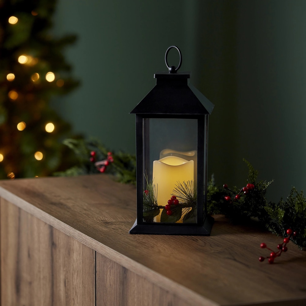 Decoratiune Craciun cu LED model felinar, 14 x 27.5 cm, negru-auriu