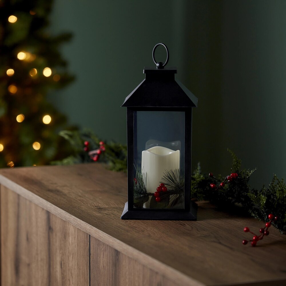 Decoratiune Craciun cu LED model felinar, 14 x 27.5 cm, negru-auriu