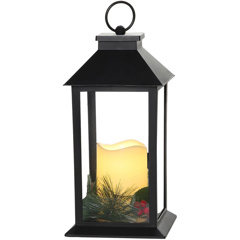 Decoratiune Craciun cu LED model felinar, 14 x 27.5 cm, negru-auriu