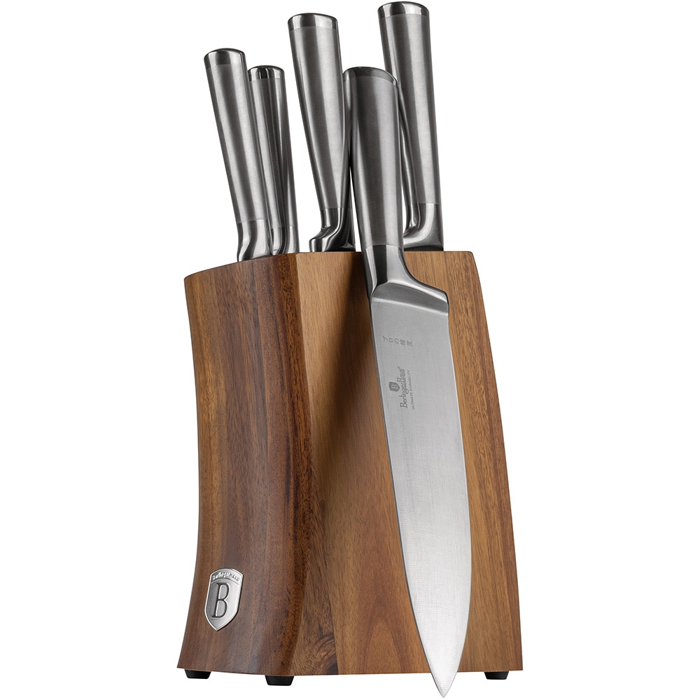 Set cutite BERLINGER HAUS BH/3124 + suport lemn, 5 piese, otel, 9-20cm, argintiu