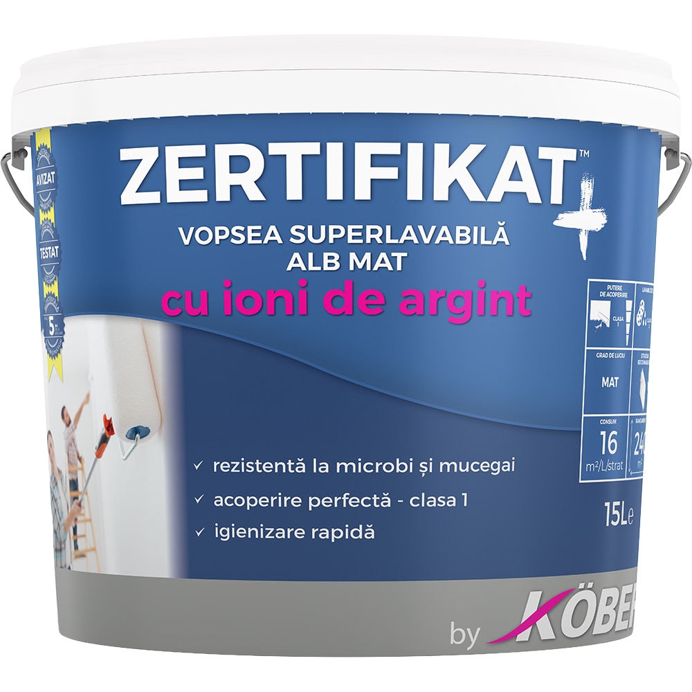 Vopsea superlavabila KOBER Zertifikat Plus New, alb, 15L