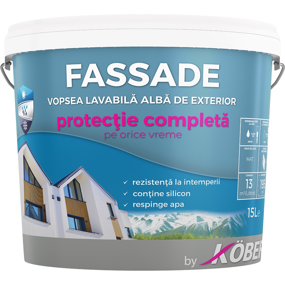 Vopsea superlavabila KOBER Fassade, alb, 15L