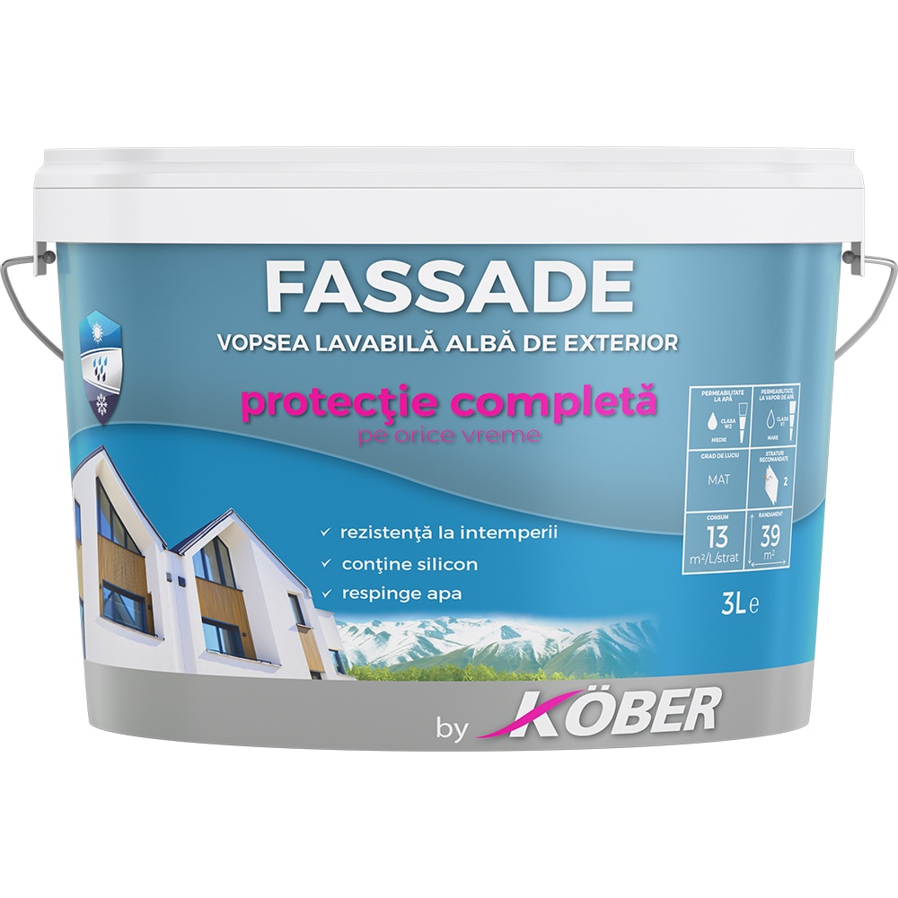Vopsea superlavabila cu silicon KOBER Fassade, alb, 3L