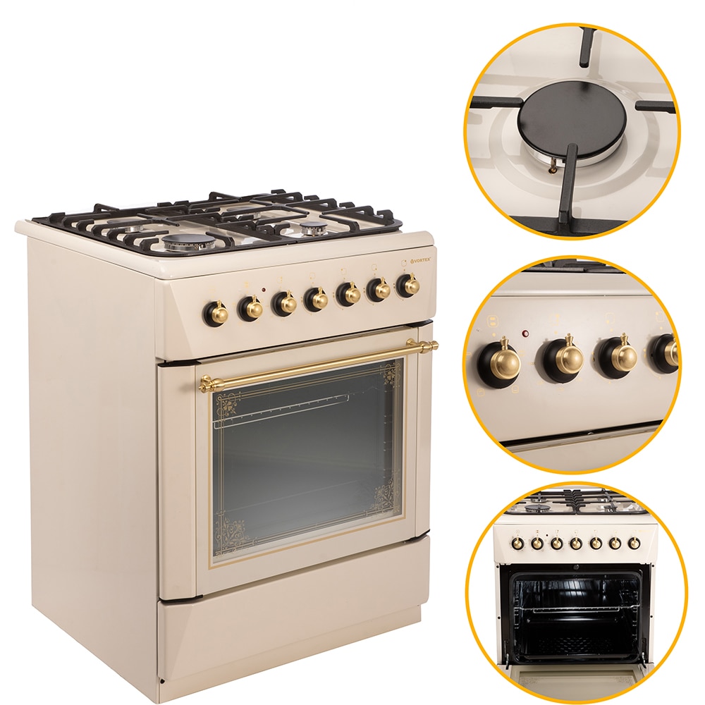 Aragaz VORTEX VAM6060BG01K, 4 arzatoare, Gaz + Electric, L 60 cm, Grill, bej