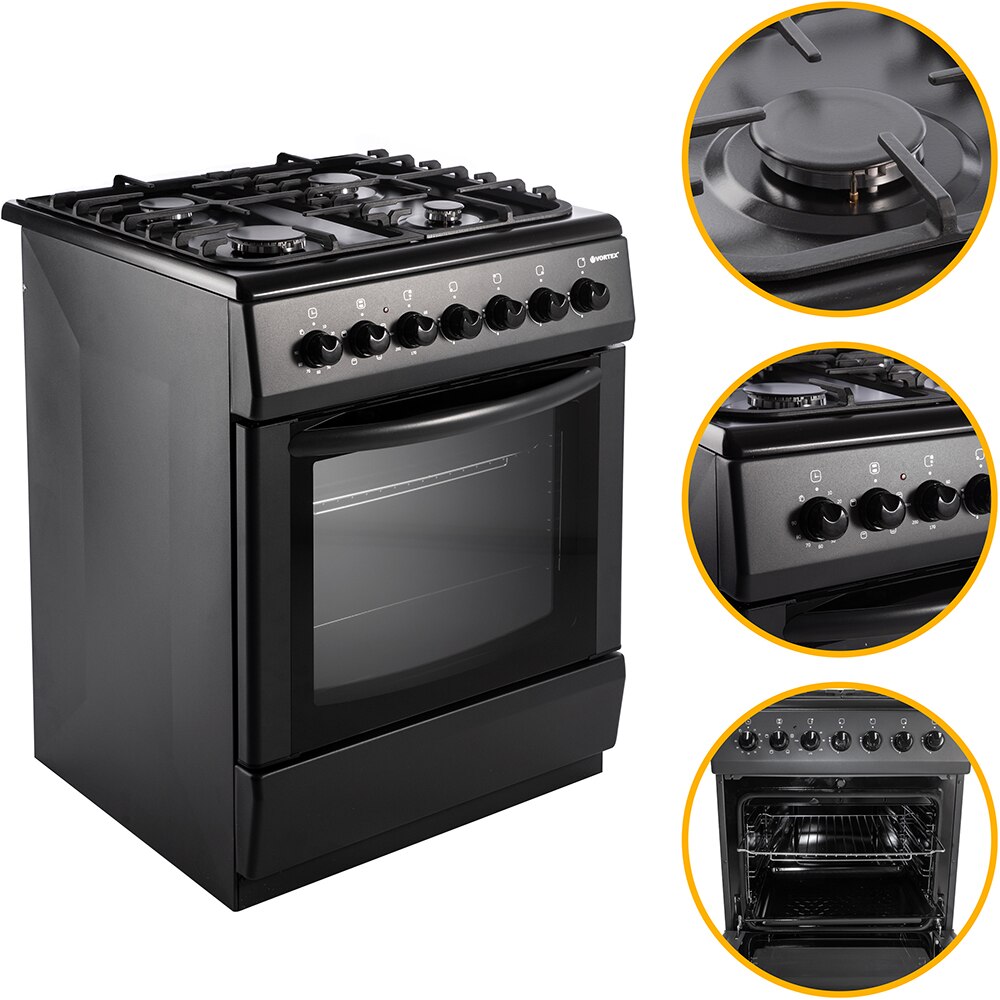 Aragaz VORTEX VAM6060BK02K, 4 arzatoare, Gaz + Electric, L 60 cm, Grill, negru