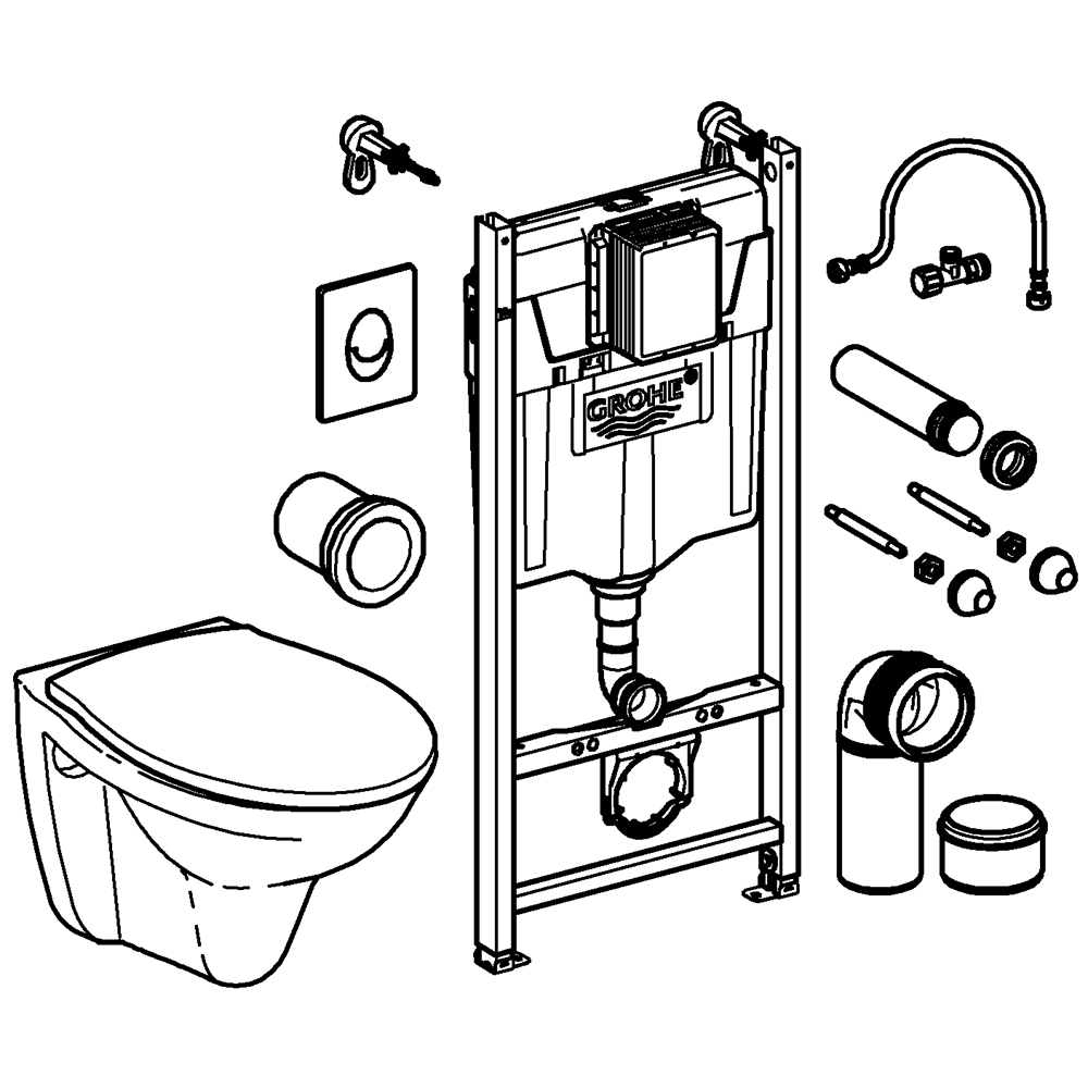 Set vas WC GROHE Solido Compact 39116000, montaj suspendat, evacuare orizontala, cu capac, alb