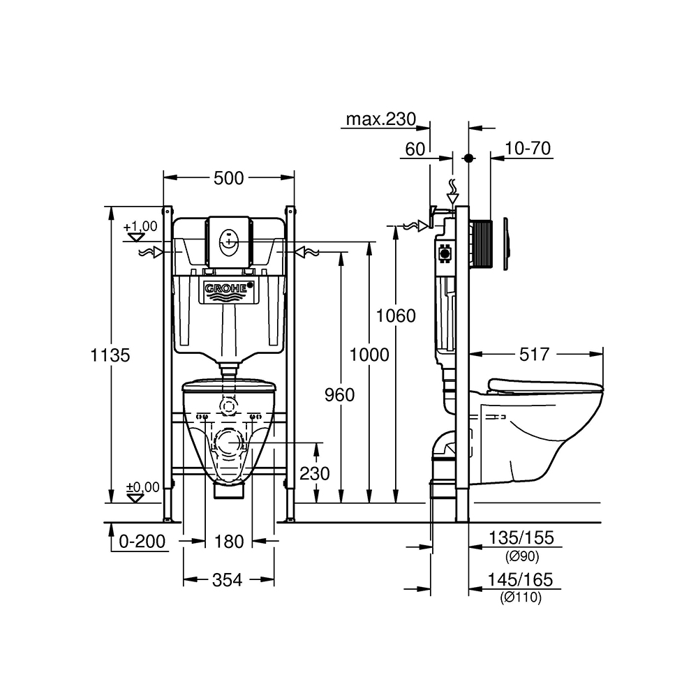 Set vas WC GROHE Solido Compact 39116000, montaj suspendat, evacuare orizontala, cu capac, alb