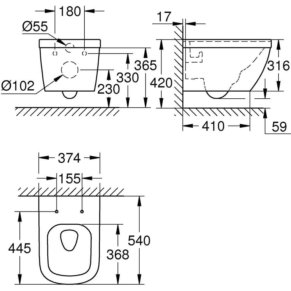 Vas WC GROHE Euro Ceramic 3932800H, montaj suspendat, evacuare orizontala, alb