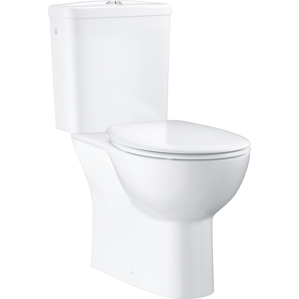 Set vas WC GROHE Bau Ceramic 39346000, montaj pe pardoseala, evacuare verticala, cu capac, alb