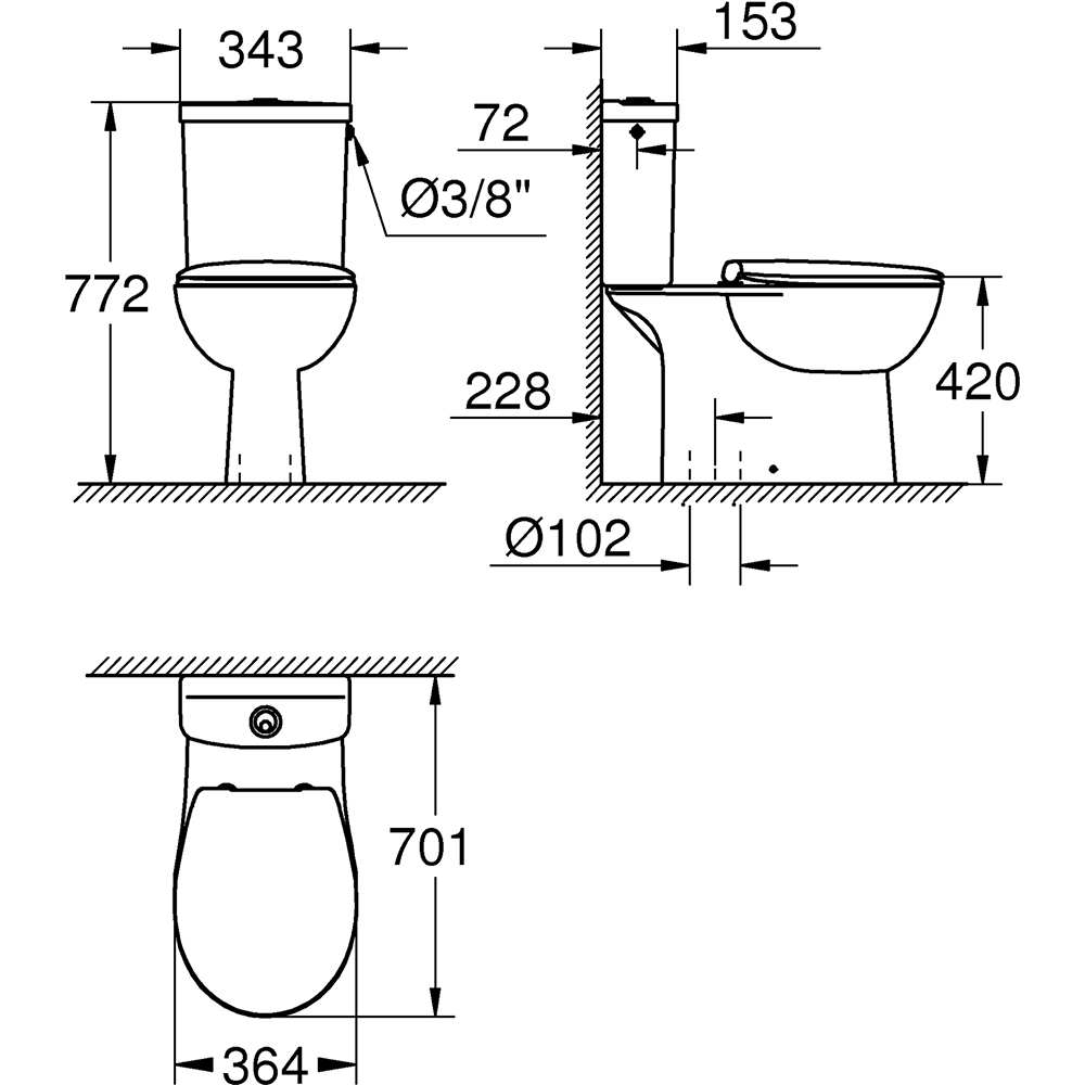 Set vas WC GROHE Bau Ceramic 39346000, montaj pe pardoseala, evacuare verticala, cu capac, alb