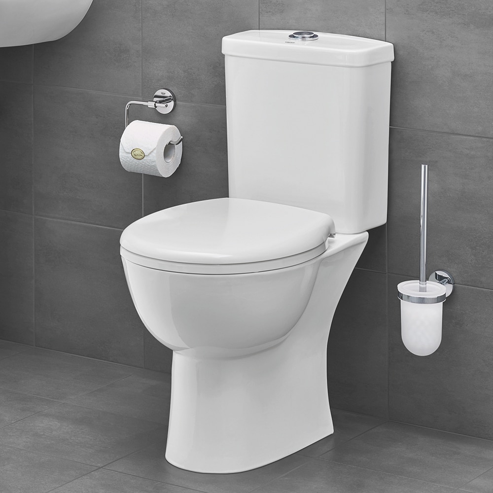 Set vas WC GROHE Bau Ceramic 39347000, montaj pe pardoseala, evacuare orizontala, cu capac, alb