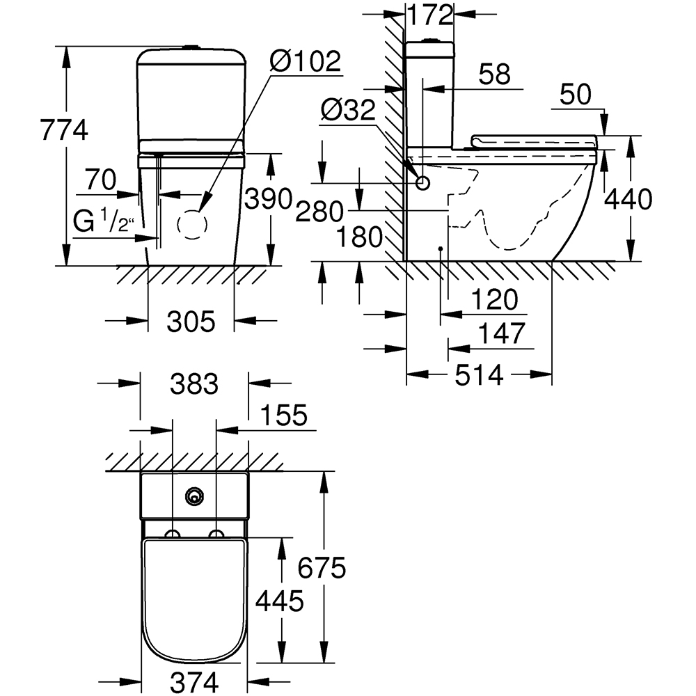 Set vas WC GROHE Euro Ceramic 39462000, montaj pe pardoseala, evacuare orizontala, cu capac, alb