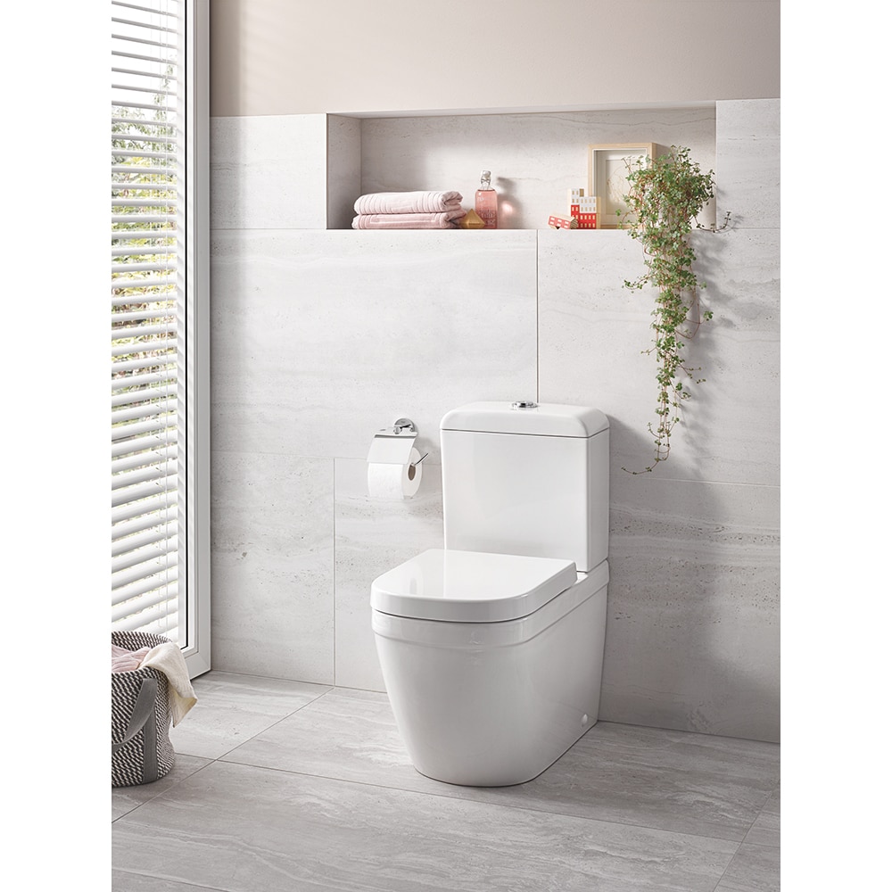 Set vas WC GROHE Euro Ceramic 39462000, montaj pe pardoseala, evacuare orizontala, cu capac, alb