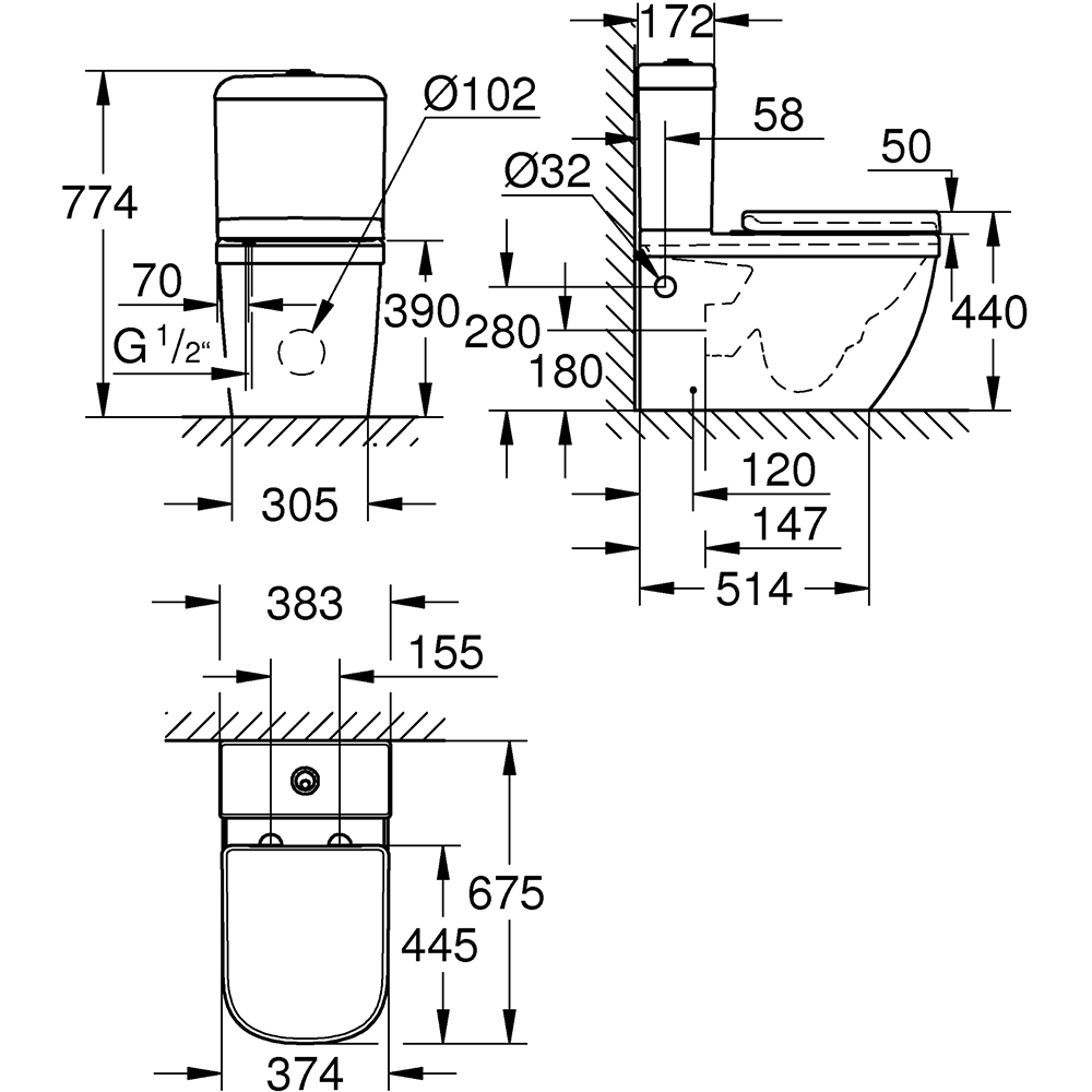 Set vas WC GROHE Euro Ceramic 3946200H, montaj pe pardoseala, evacuare dubla, cu capac, alb