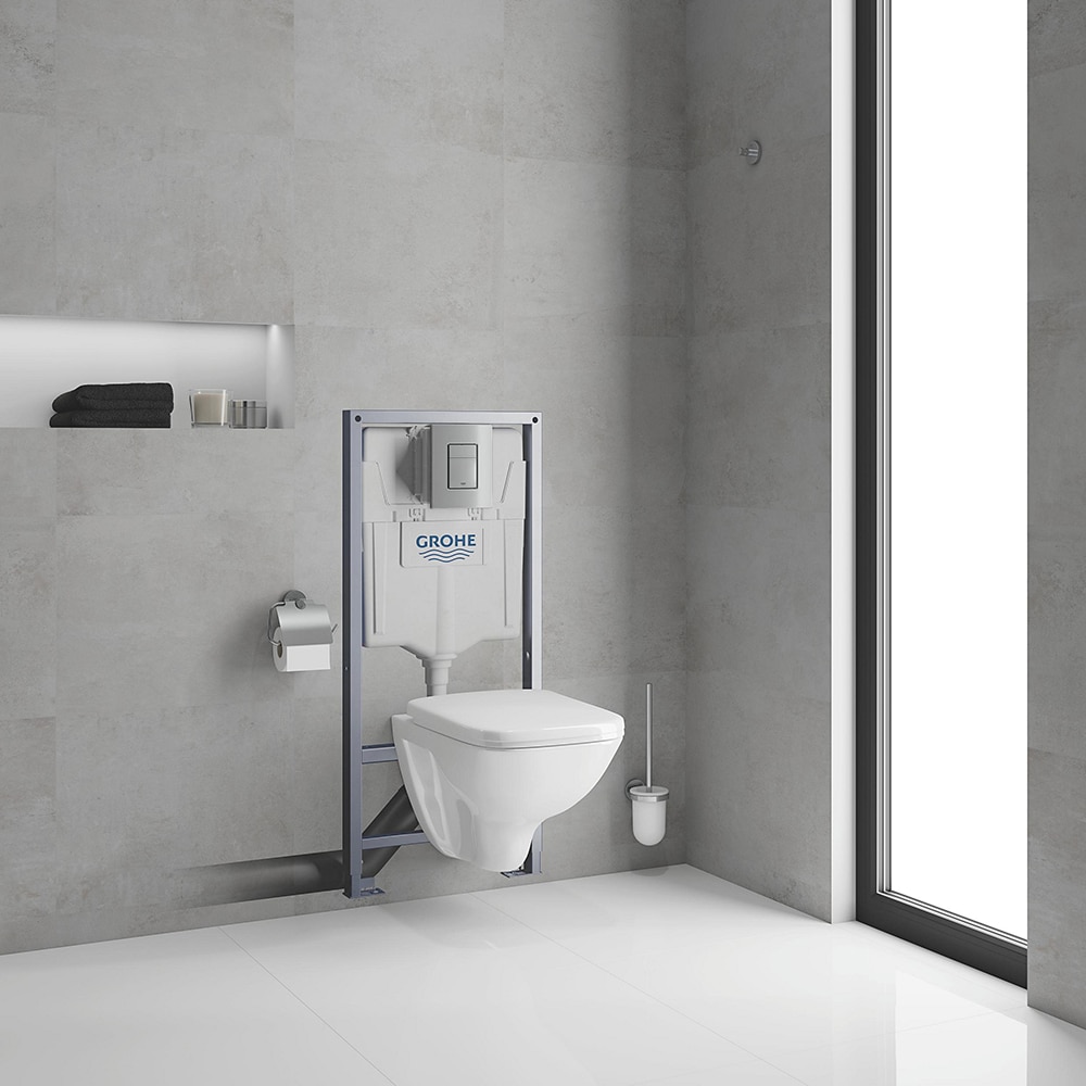 Set vas WC GROHE Solido Square 39467000, montaj suspendat, evacuare orizontala, cu capac, alb
