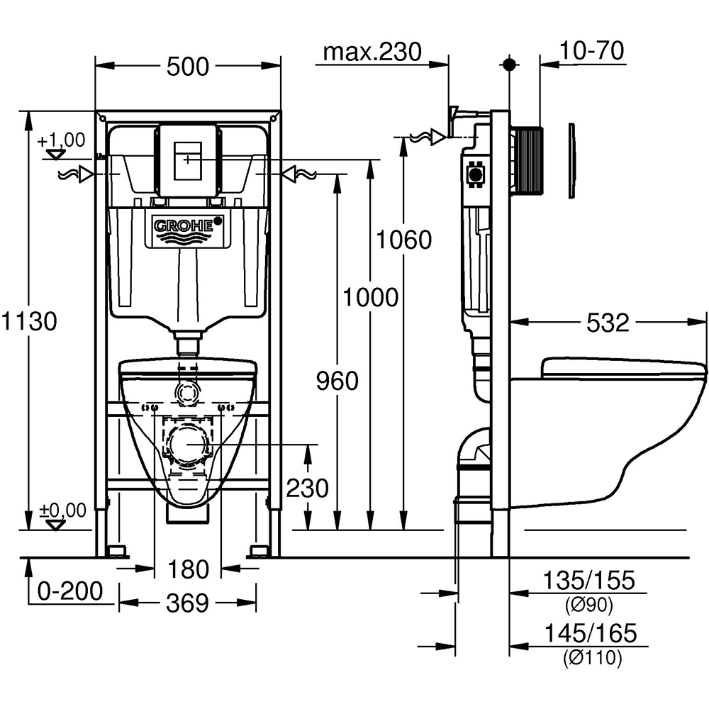 Set vas WC GROHE Solido Square 39467000, montaj suspendat, evacuare orizontala, cu capac, alb