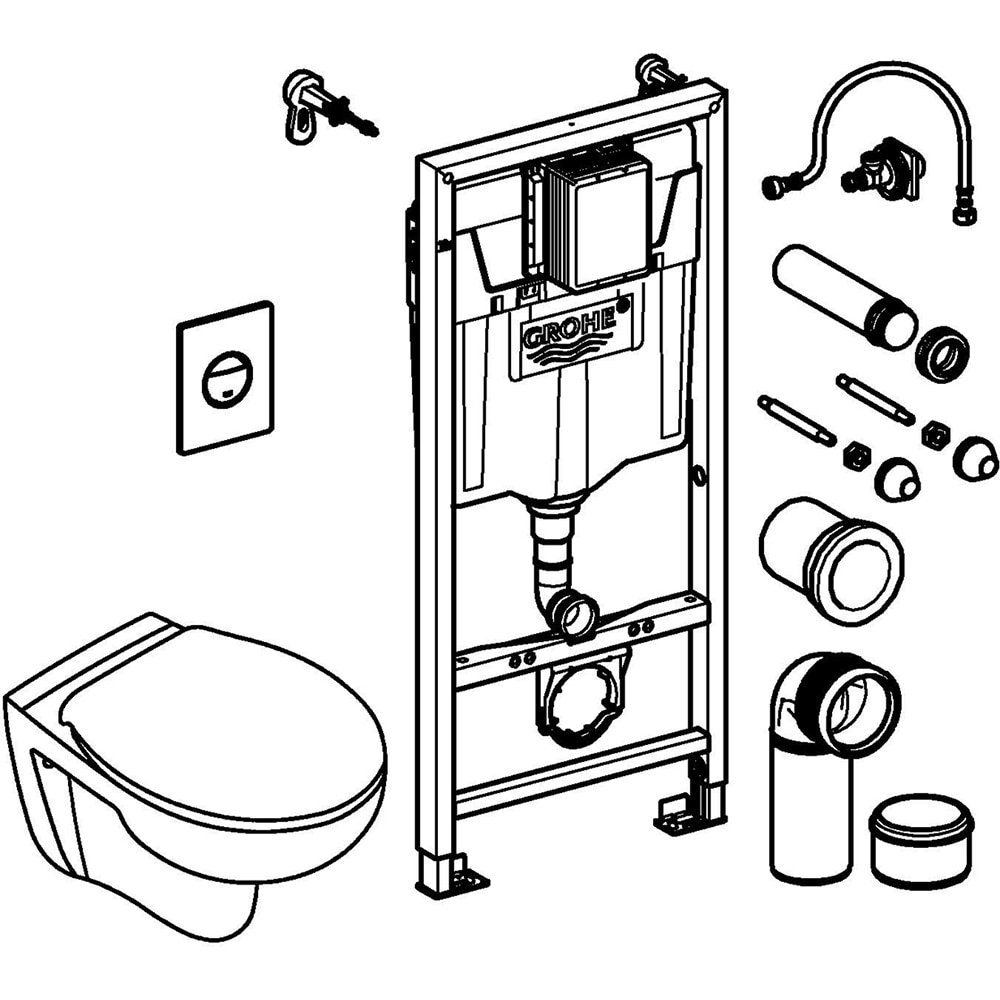 Set vas WC GROHE Bau Ceramic 39499000, montaj suspendat, evacuare orizontala, cu capac, alb