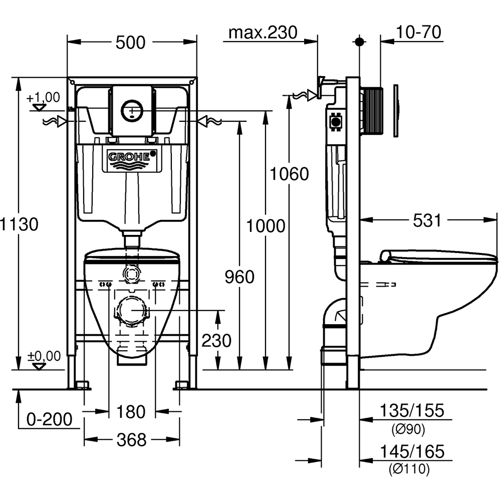 Set vas WC GROHE Bau Ceramic 39499000, montaj suspendat, evacuare orizontala, cu capac, alb