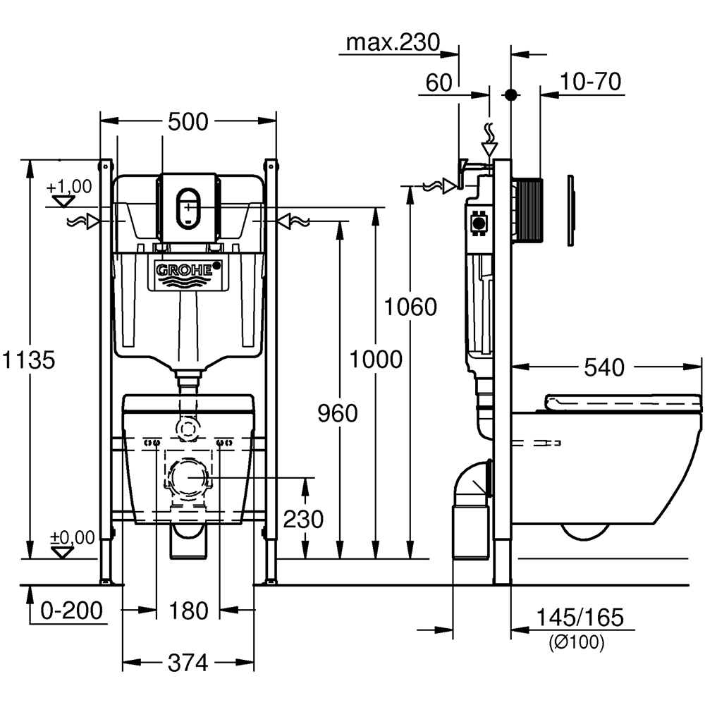 Set vas WC GROHE Solido 39701000, montaj suspendat, evacuare orizontala, cu capac, alb
