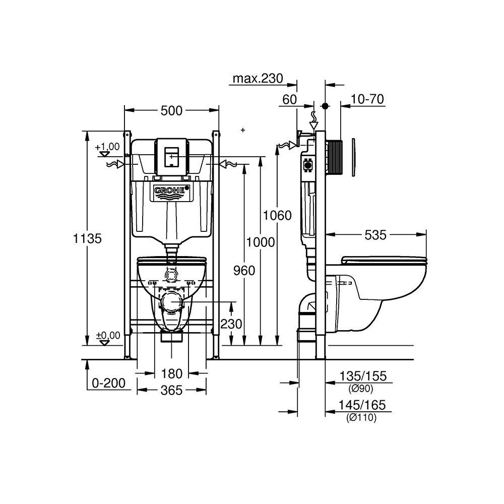 Set vas WC GROHE Solido Edge 39816000, montaj suspendat, evacuare orizontala, cu capac, alb