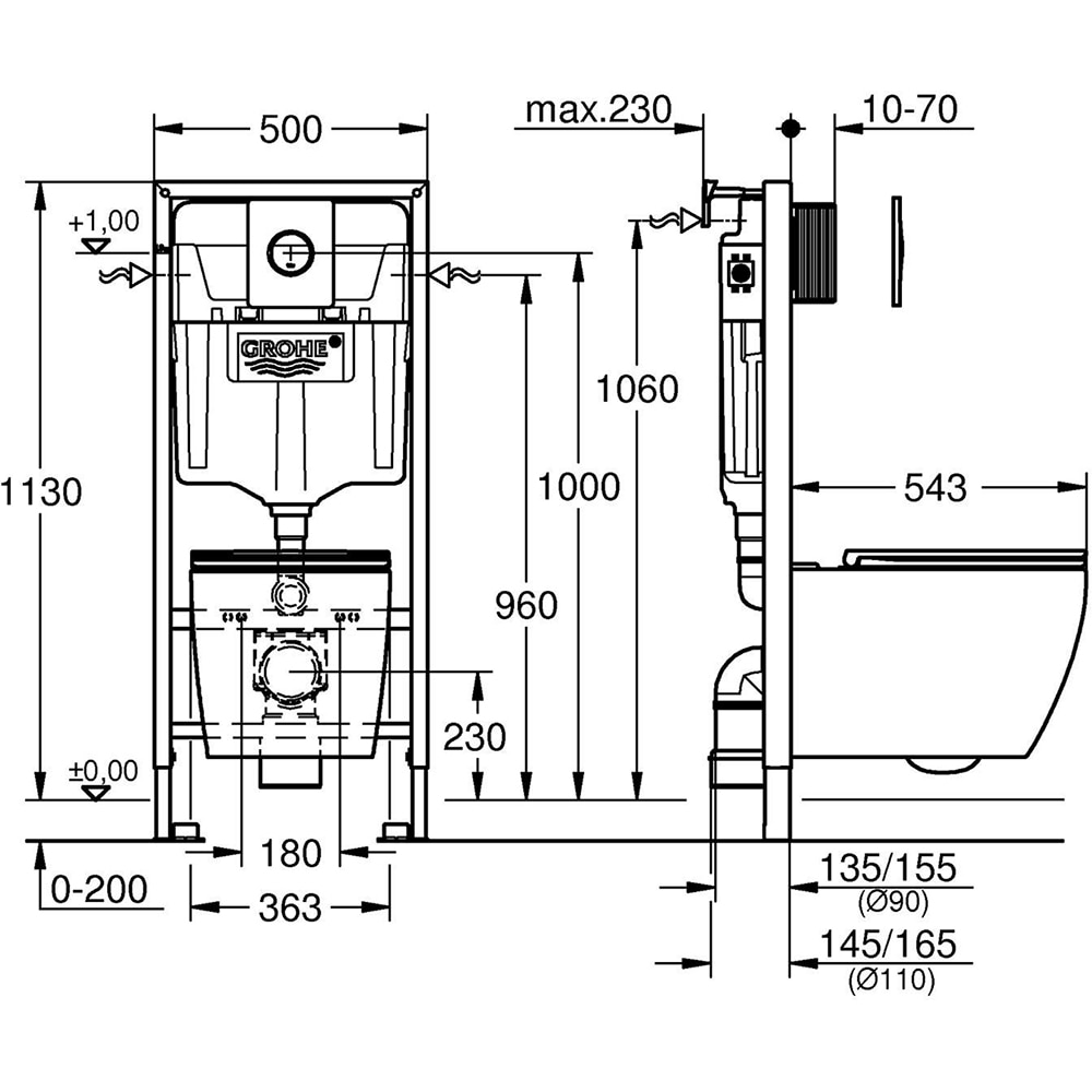 Set vas WC GROHE Solido 39920000, montaj suspendat, evacuare orizontala, cu capac, alb