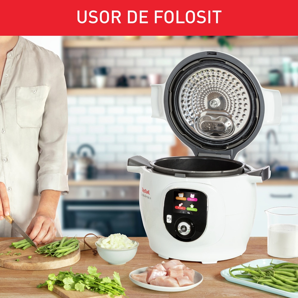 Multicooker TEFAL Cook4Me+ CY851130, 6l, 1600W, 6 programe, aplicatie 150 retete, alb-gri