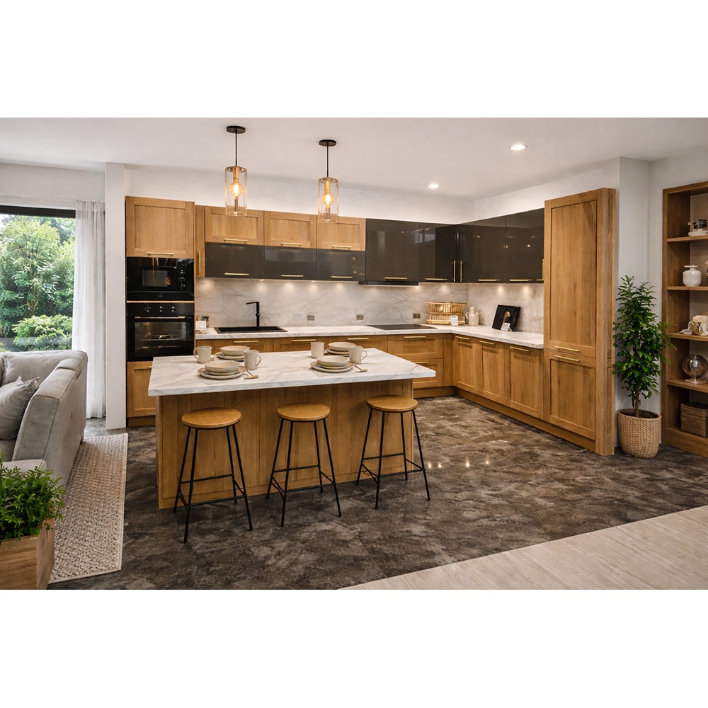 Mobila bucatarie Verbena-Stevia, PAL, 387/255 x 60 x 216 cm, maro-gri lucios