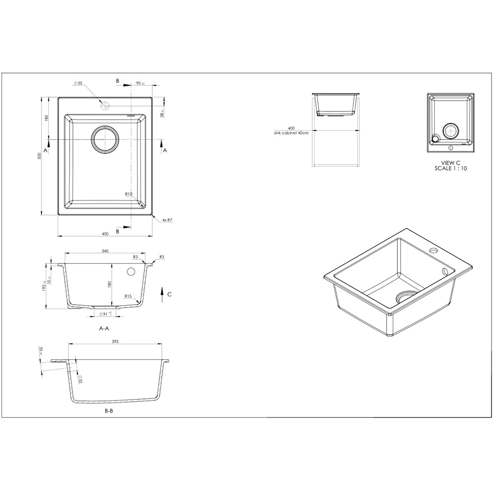 Chiuveta bucatarie SANDONNA Vesta 40, 1 cuva, compozit granit, negru