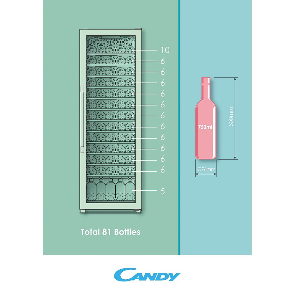 Racitor de vinuri CANDY CWC 200 EELW/NF, 81 sticle, H 146 cm, Clasa G, Wi-Fi, negru