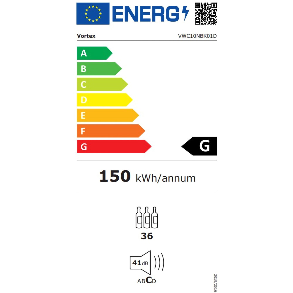 Racitor de vinuri VORTEX VWC10NBK01D, 36 sticle, H 110 cm, Clasa G, negru