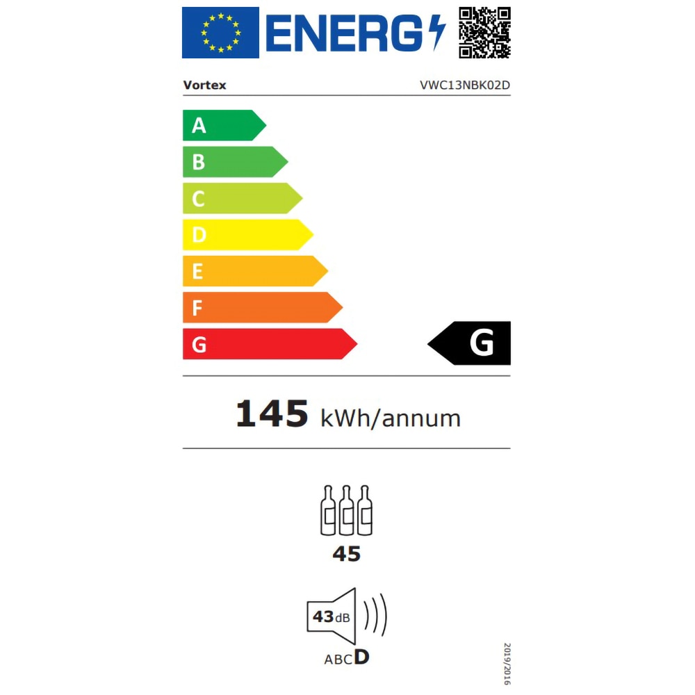 Racitor de vinuri VORTEX VWC13NBK02D, 45 sticle, H 110 cm, Clasa G, negru