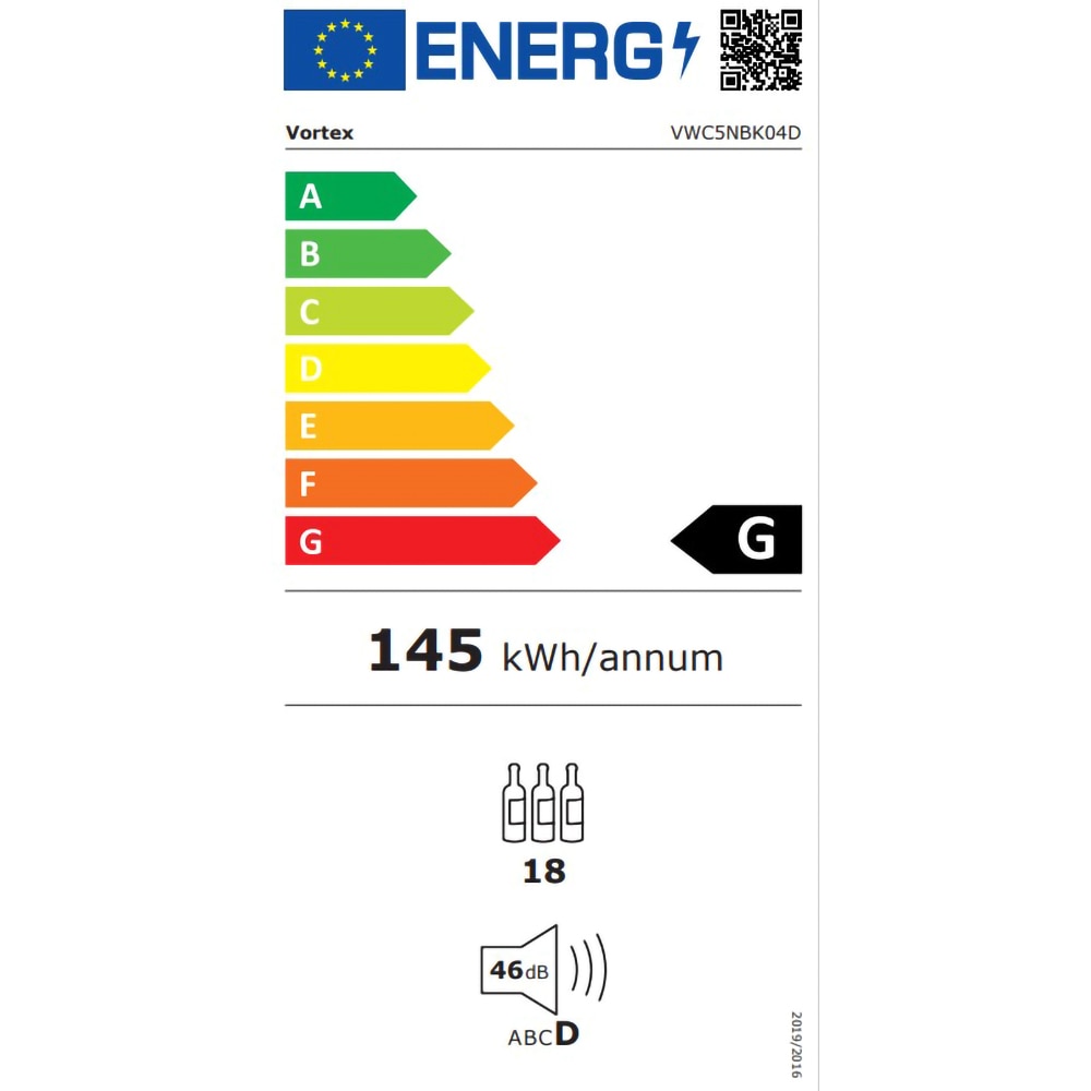 Racitor de vinuri VORTEX VWC5NBK04D, 18 sticle, H 83 cm, Clasa G, negru