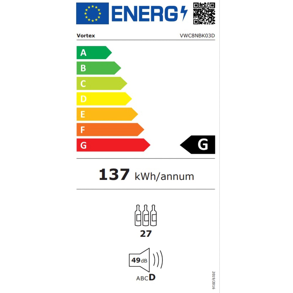 Racitor de vinuri VORTEX VWC8NBK03D, 27 sticle, H 111 cm, Clasa G, negru