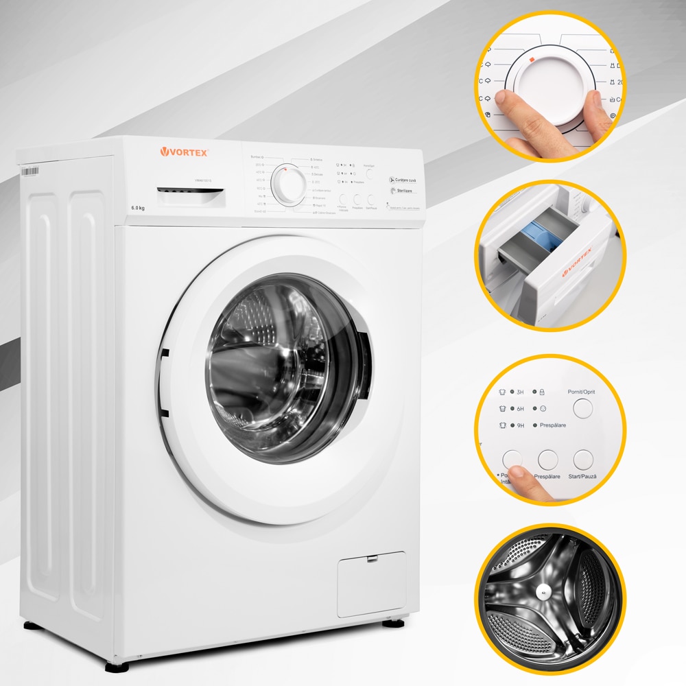 Masina de spalat rufe frontala VORTEX VMA61001S, 6 kg, 1000rpm, Clasa E, alb